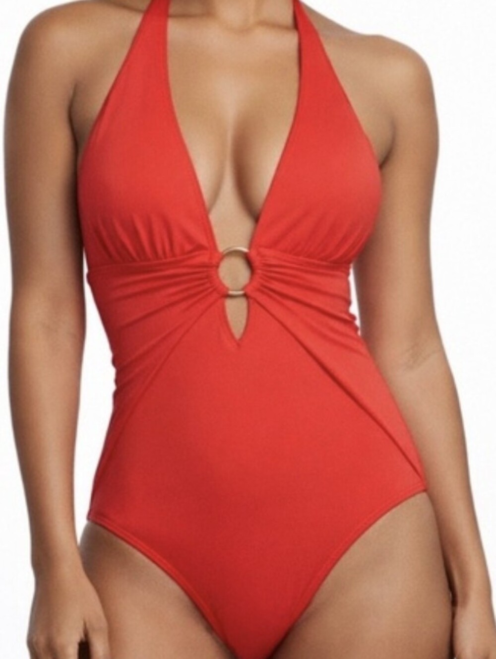 Carmen Marc Valvo Coral Red 1 Piece Halter Swimsuit w/ O-Ring Detail Womens 10